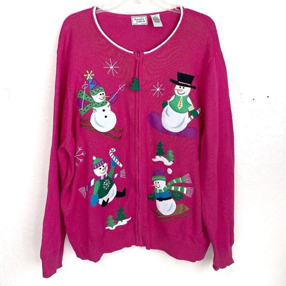 Snowman Christmas Winter Cardigan Womens 2XL Pink Zip Close Appliqué Whimsical - Picture 1 of 14